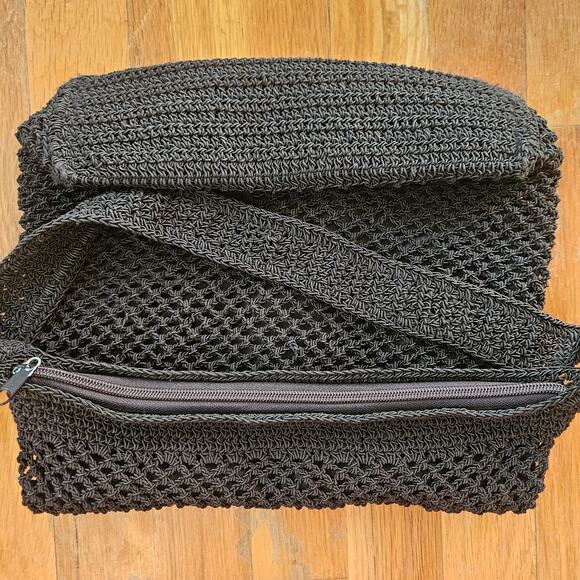 Sonoma Crochet Shoulder Bag Black Knit Tote Purse Floral Applique Boho Cottage - Picture 9 of 14